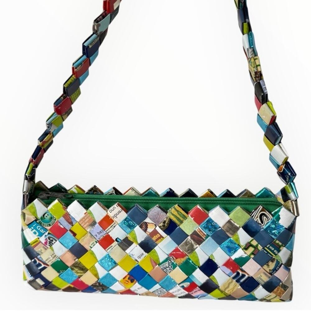 Nahui Ollin Green Candy Wrapper Shoulder Bag Woven Recycled Eco Purse